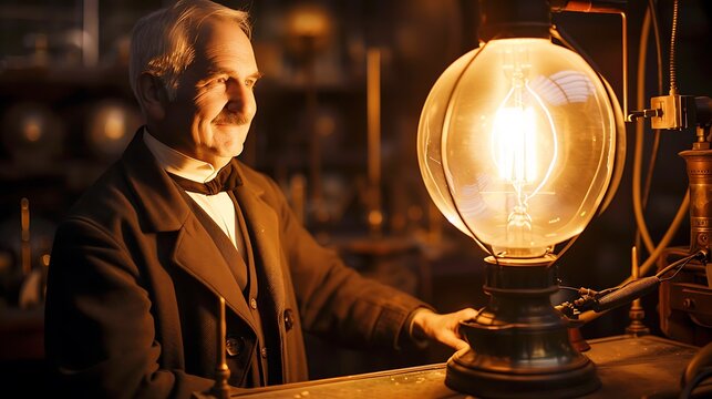 Thomas Edison the famous inventor, in his workshop with a large light bulb glowing in the background