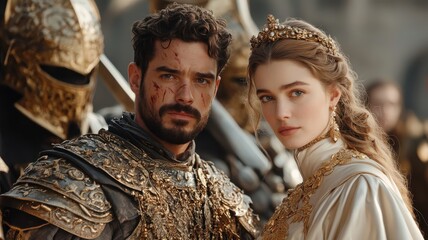 Stoic warrior with noblewoman, scars and determination etched on face.