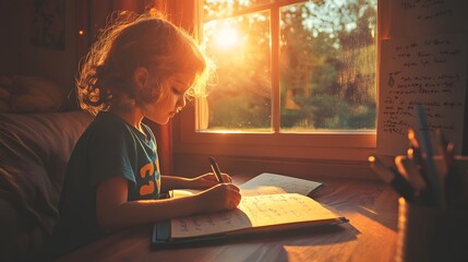 A child writing in a journal at a sunlit window, warm, golden light illuminating the pages, background of a cozy, personal study nook with inspirational quotes on the wall, artistic focus on the