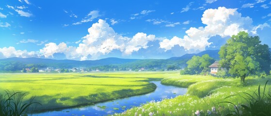 Obraz premium abstract Vibrant Anime-Inspired Spring and Summer Scenery: AI-Generated 4K Wallpaper for Creative Marketing. Lush Natural Background with Colorful Flora, Whimsical Characters, and Dreamy Landscapes. 