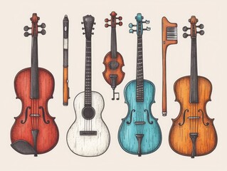 Fototapeta premium Vibrant and whimsical doodle art showcasing a diverse collection of musical instruments including guitars violins cellos drums and more with playful and expressive notes and patterns