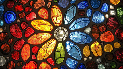 Stained Glass Flower: A vibrant and intricate stained glass window depicting a flower in full bloom, showcasing a kaleidoscope of colors and textures.
