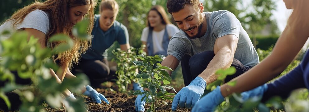 A diverse group of people planting trees in a community garden, symbolizing collective efforts in reforestation and combating climate change.