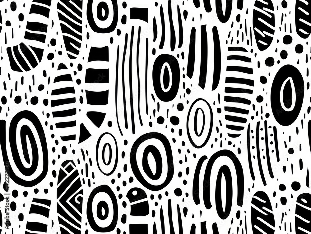 Poster monochrome doodle art with a repeating pattern of abstract shapes lines dots and textures creates a 