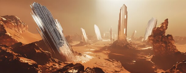 Expansive futuristic desert landscape featuring towering crystalline structures and shimmering solar panels harnessing renewable energy creating a stark contrast against the arid terrain