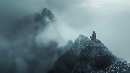 Solitary Figure sits atop a mountain peak shrouded in mist capturing a sense of tranquility and the vastness of nature.