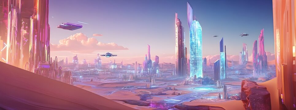 Futuristic solar powered desert cityscape with glowing skyscrapers hovering vehicles and drones and gleaming metallic structures in a vibrant crystalline architecture