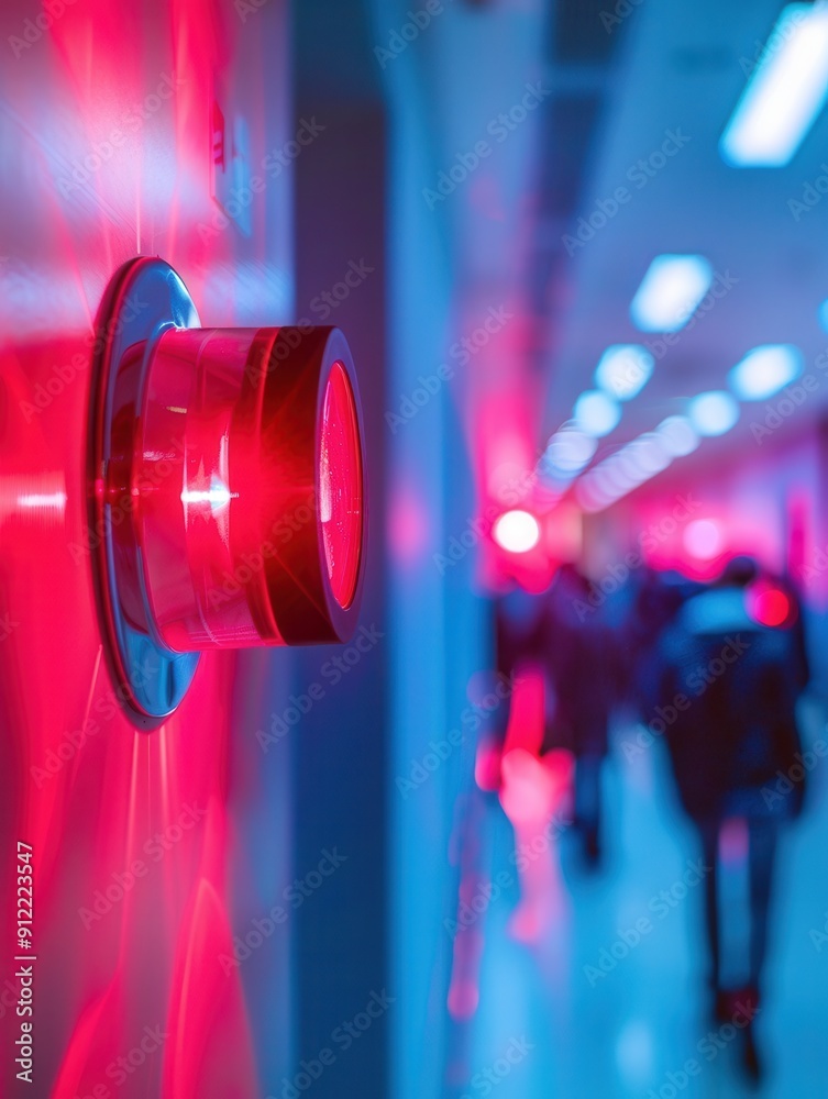 Poster A bright red fire alarm button is illuminated on the wall as people move through the corridor during an emergency alert. Generative AI