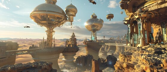 A futuristic desert oasis with towering domed structures made of gleaming metal and glass nestled amidst a vast and arid landscape  Sleek