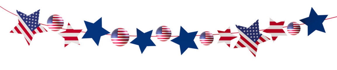 Festive garland made of stars and spheres adorned with the American flag, on transparent background. Perfect as header or footer in patriotic themes, events. USA flag. Divider. 3D render.