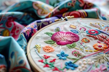 Fototapeta premium Embroidery Hoop with Floral Pattern and Threads