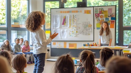 A child presenting a project in front of a classroom, bright, supportive lighting, background of a classroom with attentive peers and encouraging teacher, artistic details on the project materials