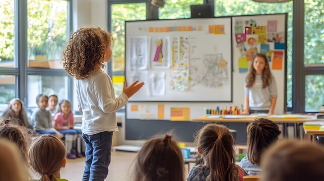 A child presenting a project in front of a classroom, bright, supportive lighting, background of a classroom with attentive peers and encouraging teacher, artistic details on the project materials