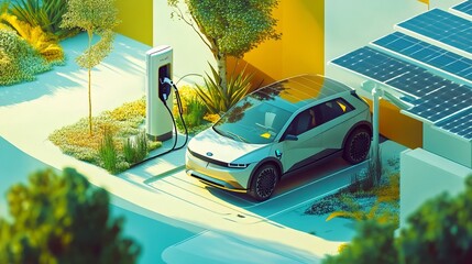 An electric car being charged at a solar powered charging station, embodying the future of eco friendly transportation and carbon reduction