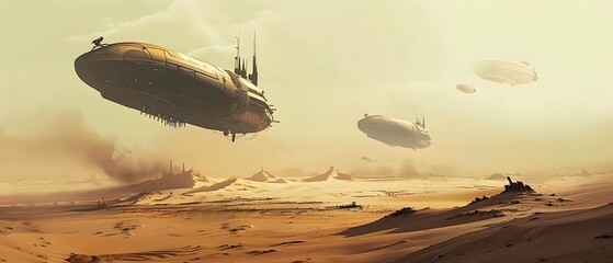 Expansive desert landscape of a dystopian future planet with advanced technological structures blending into the natural formations