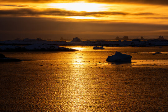 Sunset in Antarctica. Golden hours