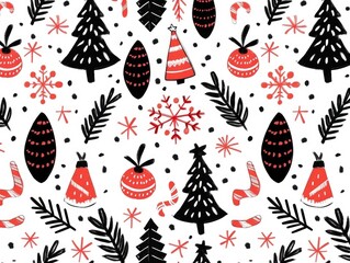 Festive and charming hand drawn holiday patterns featuring a variety of decorative elements including Christmas trees  ornaments  snowflakes  leaves  pine cones  and more in a repeating