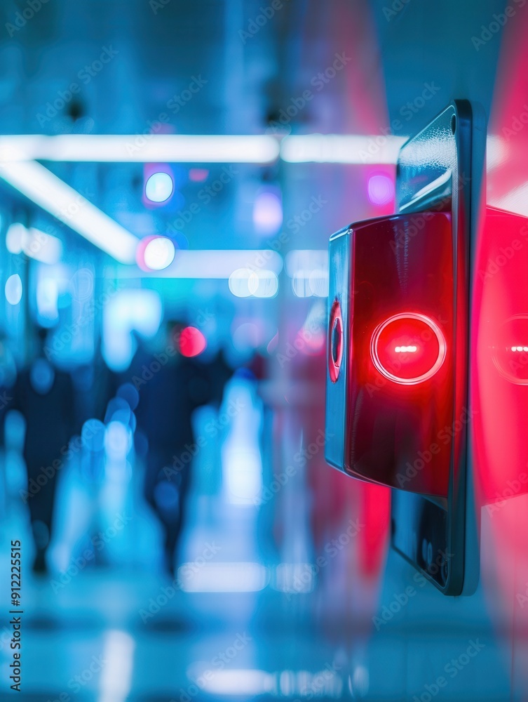 Poster a bright red fire alarm with a flashing light and button is mounted on a wall, while blurred figures