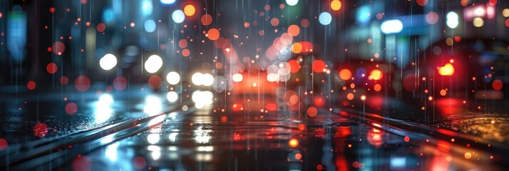 Urban street scene at night with bokeh lights