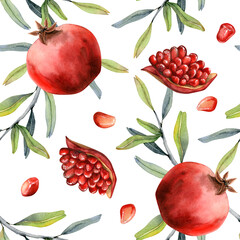 Watercolor pomegranates with seeds seamless pattern on white background with ripe cut and whole fruits, branches and leaves for fall harvest, cosmetics packaging and Jewish Rosh Hashanah greetings