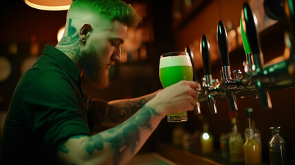 Bartender pouring green beer