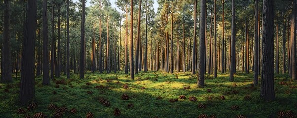 Forest Scene With Pine Trees And Pinecones Illustration