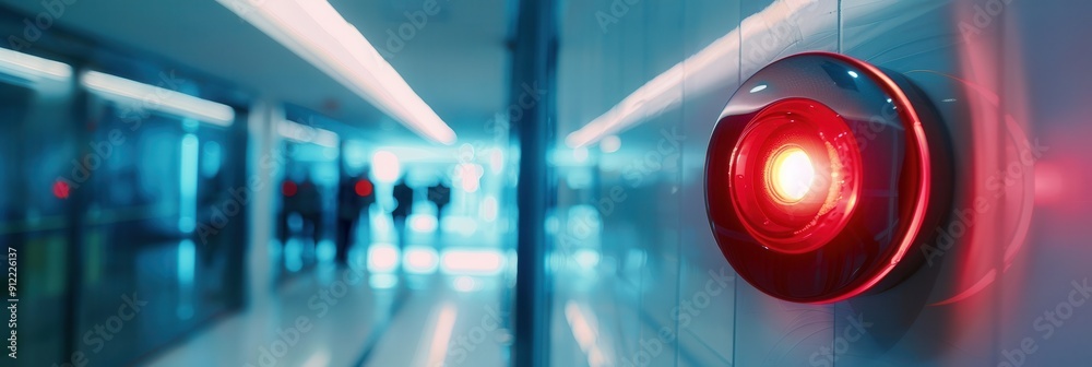 Aufkleber A bright red fire alarm with an illuminated light and button is mounted on the wall in a modern corridor, ready for emergency use. Generative AI