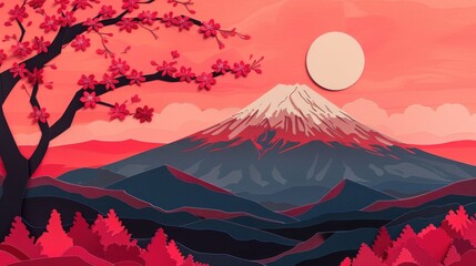 Majestic Mount Fuji silhouette against a vibrant red sky at sunset surrounded by blooming cherry blossom trees in a serene atmospheric landscape of Japan