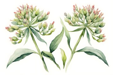 Watercolor showy milkweed flowers on white background, ai Generated