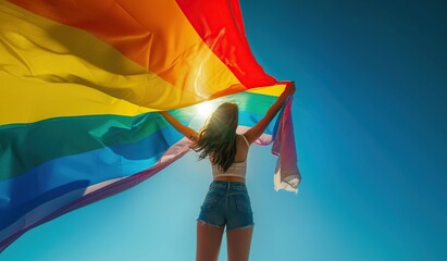 Young woman holding rainbow LGBT flag on blue sky background. Freedom concept.