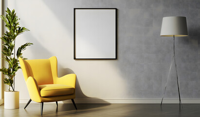Picture frame mockup in the interior of a modern living room on a grey wall with a sofa and a plant in a vase design, transparent wall art mock-up design