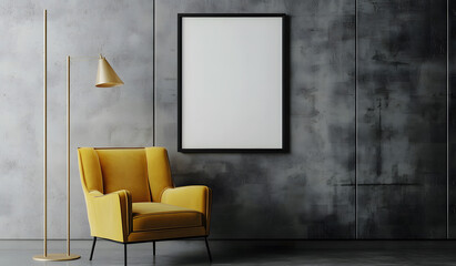 Picture frame mockup in the interior of a modern living room on a grey wall with a sofa and a plant in a vase design, transparent wall art mock-up design
