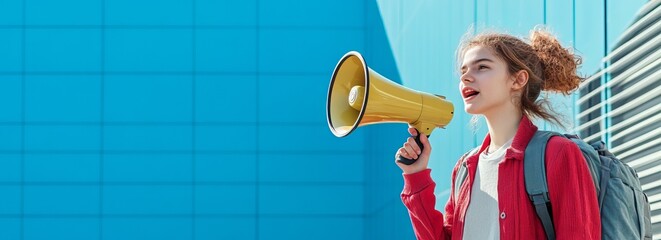 Student holding megaphone outdoors for school announcement in front of school building. Back to school banner
