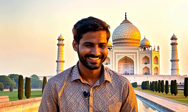 Lifestyle portrait video of a satisfied man in his 30s that is with the family in front of the Taj Mahal in Agra India