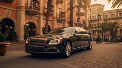 Naklejka premium Luxury Sedan Parked in Front of Elegant Building