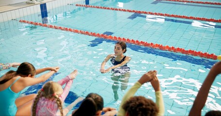 Swimming pool, woman and kids with fitness, water and coach with safety, instructions and teaching....