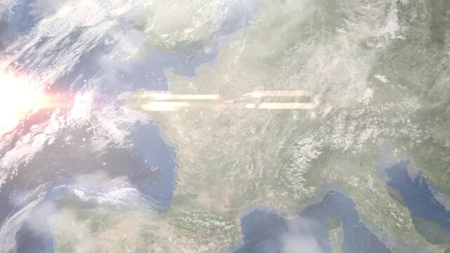 Earth zoom in from space and focus on Vierzon, France. Background for travel intro or blog. Satellite view. 3D style Animation. Images from NASA.