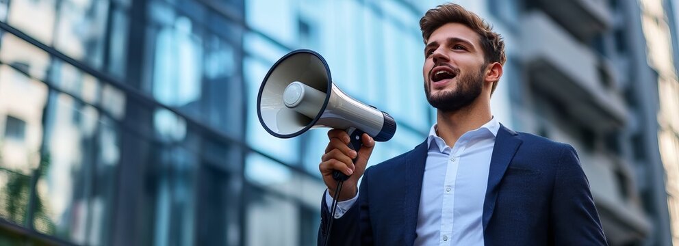Young businessman holding loudspeaker outdoors for company announcement infront of office building. Shouting in megaphone banner, Concept of business employment and profession