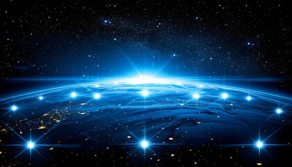 Planet Earth At Night With City Lights Shining In The Dark, View From Space. 3D Illustration.