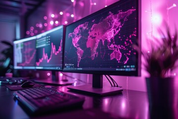 A computer monitor with a map of the world on it