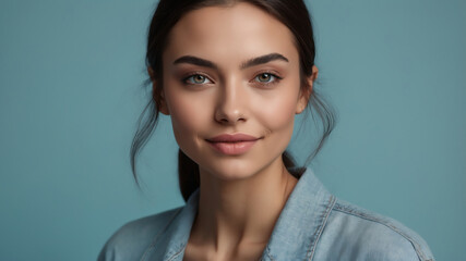 Fototapeta premium Portrait of a Young Woman with Clear Skin and Brown Hair in Denim Shirt Smiling