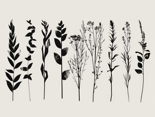This image showcases a collection of captivating monochrome botanical line art sketches  featuring minimalist silhouettes of leaves  flowers  stems  and other natural elements  The clean  simple