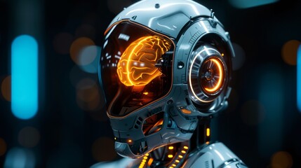 Fototapeta premium Futuristic Robot Head with Glowing Visible Brain - Artificial Intelligence Concept