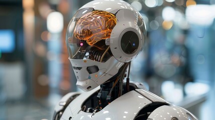 Fototapeta premium Illuminated Robotic Intelligence - Concept of Transparent Robot Head with Glowing Brain Inside