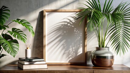 A minimalist scene features a blank, framed canvas or picture frame resting on a wooden surface.