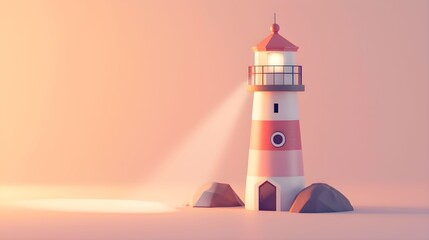  latarnia morska, promień światła, brzoskwiniowy, pastelowy, styl cartoonowy, jaskrawe kolory, ilustracja 3D, minimalistyczny, przewodnictwo, bezpieczeństwo, nadzieja, proste formy, elegancki, tło