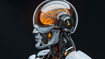 Obraz premium Futuristic Robot with Transparent Head Revealing Glowing Brain Inside for Artificial Intelligence Concepts