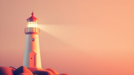  latarnia morska, promień światła, brzoskwiniowy, pastelowy, styl cartoonowy, jaskrawe kolory, ilustracja 3D, minimalistyczny, przewodnictwo, bezpieczeństwo, nadzieja, proste formy, elegancki, tło