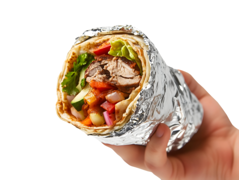 Hand holding a Shawarma wrap with meat and vegetables isolated on transparent or white background - Powered by Adobe
