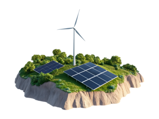 Remote renewable energy setup with solar panels and wind turbine isolated on transparent or white background